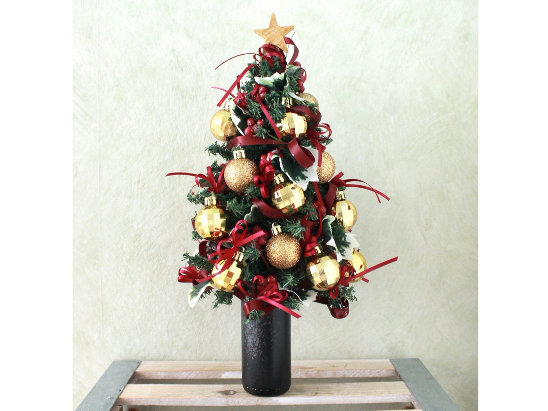 Small Artificial Tabletop Christmas Tree Cranberry Gold Etsy