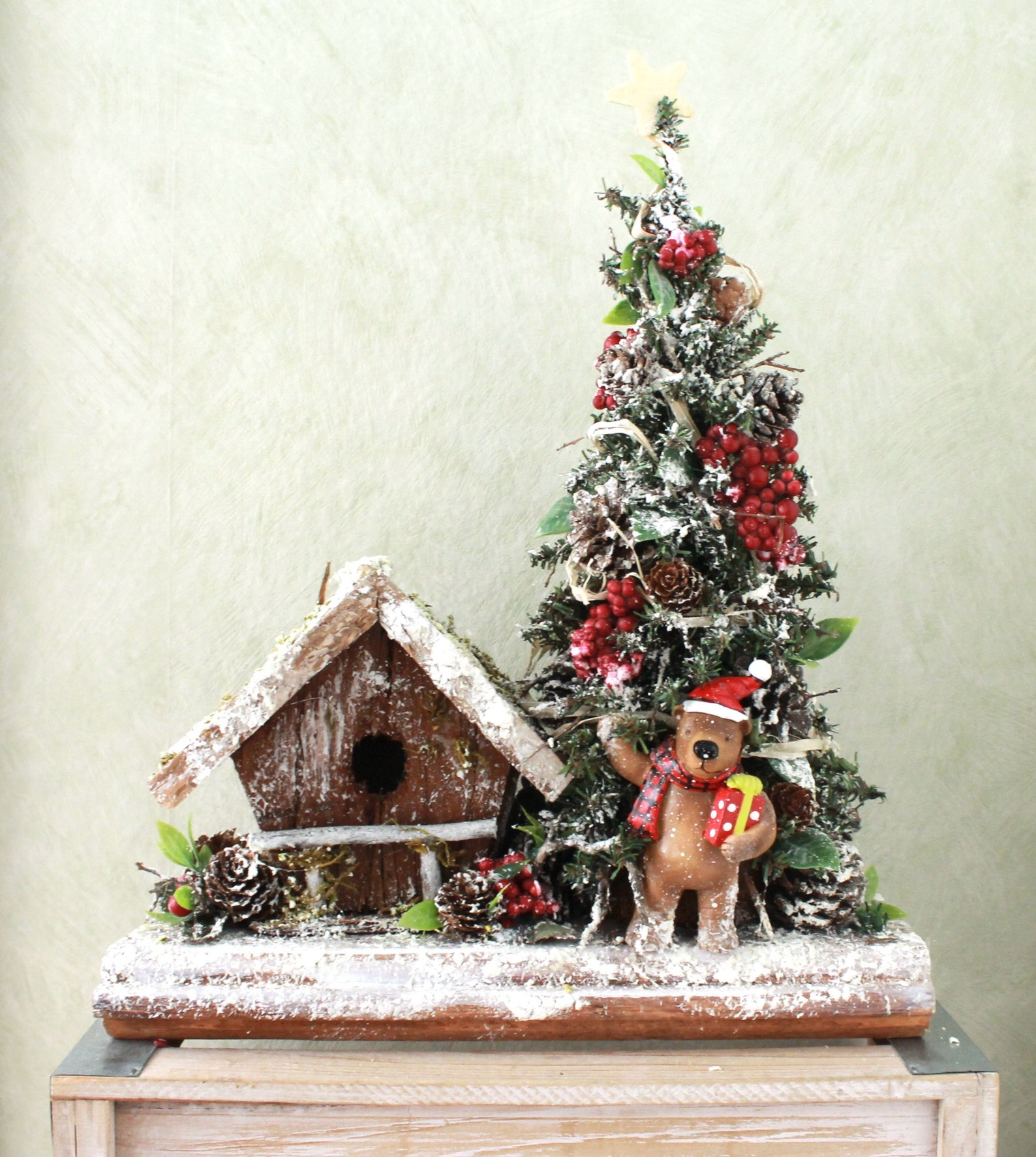 Small Artificial Tabletop Christmas Tree Bear House Etsy