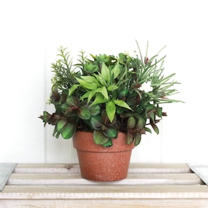 May include: A small terracotta pot filled with a variety of artificial greenery. The arrangement includes several types of leaves in shades of green and burgundy, with a few small white flowers. The pot sits on a light-colored wooden crate.