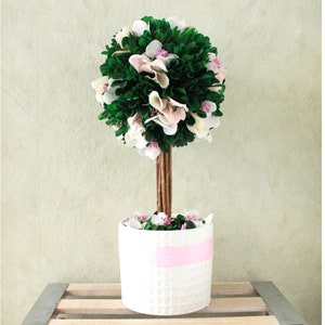 Preserved Boxwood Topiary Decor - Pink | White (A23-74)