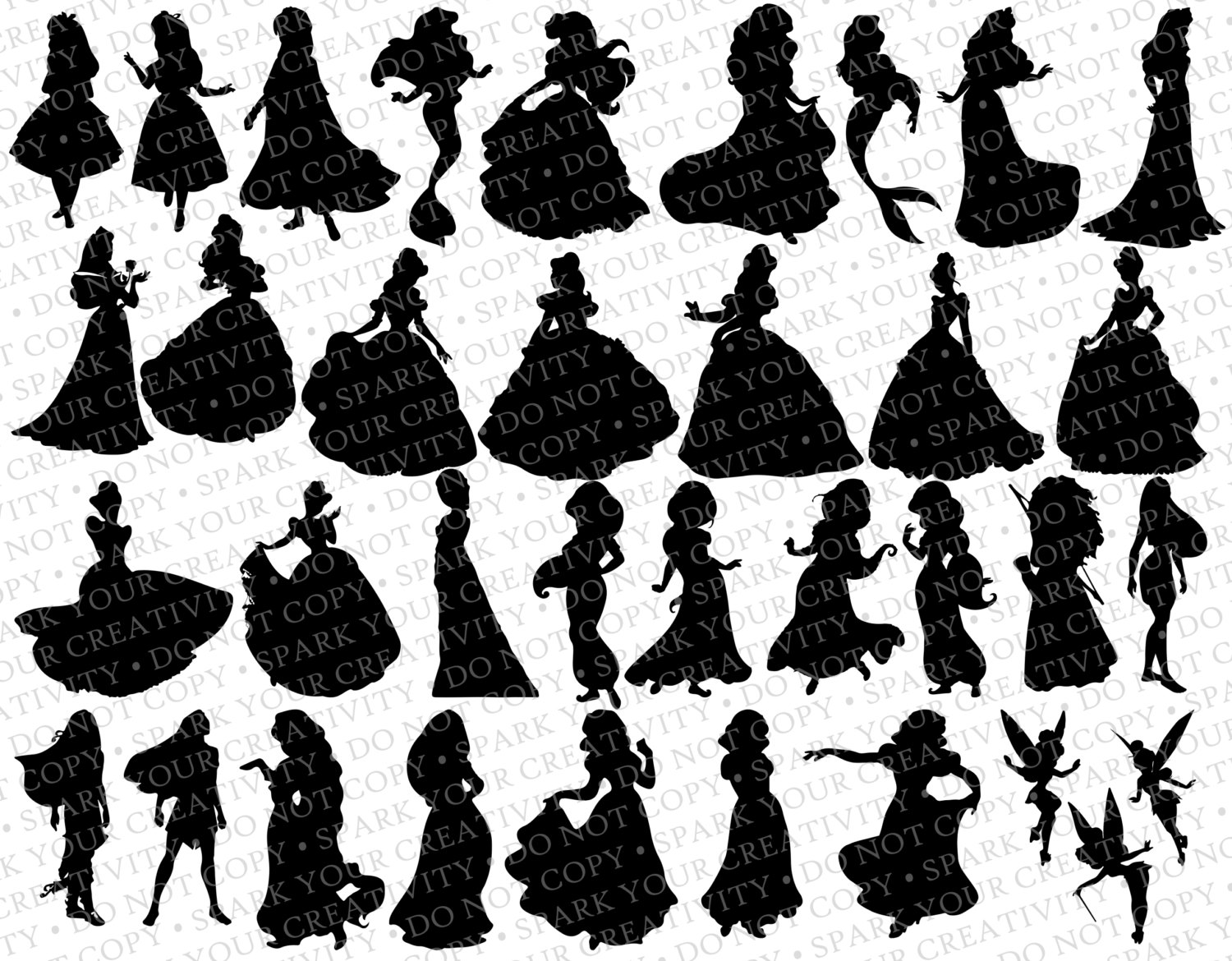 Disney Princess Silhouettes // 35 Silhouettes // Disney | Etsy