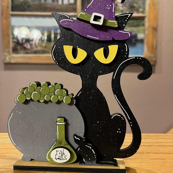 Black Cat Standing Shelf Sitter, Halloween, Trick Or Treat Tiered Tray