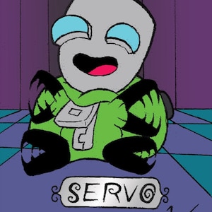 May include: Cartoon illustration of a smiling alien character with grey skin, blue eyes, and a green outfit. The character has black claws and a red mouth. A silver sign below reads "SERVO".