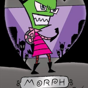 Puede incluir: Ilustración de dibujos animados de un personaje alienígena verde con una expresión de enojo, vistiendo un atuendo rosa y botas negras. La palabra "MORPH" está escrita debajo del personaje, con "2/2" al lado. El fondo es morado y gris.