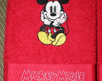 1 Red "BATH" Towel w/Mickey Inspired Sitting Design w/color embroidery
