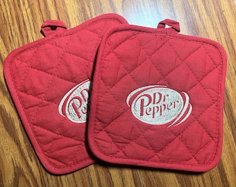 Red Dr Pepper Inspired "2" potholders w/tan logo Embroidery