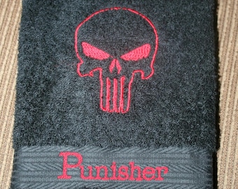 1 Black Punisher Inspired Hand Towel w/RED machine embroidery