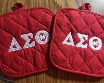 2pc Set University Sorority AEO - Red Potholders with white embroidered logo
