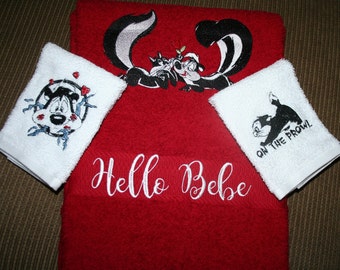 1 Bath Towel 2 Washcloths PePe Le Pew & Penelope Inspired Dk Red Towel White Washcloths Embroidered