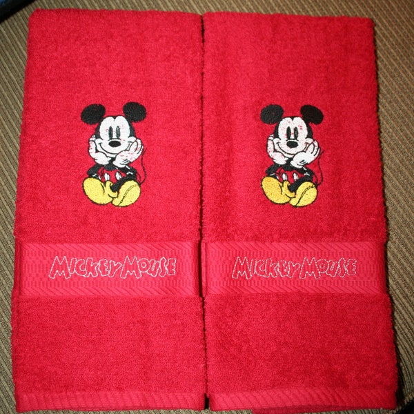 2 Red Hand Towels w/Mickey Inspired Sitting Design w/color embroidery