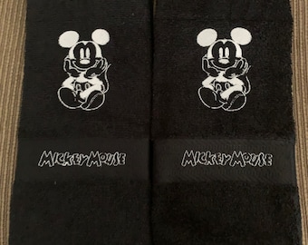2 Mickey Mouse Inspired Black w/white embroidery Hand Towels