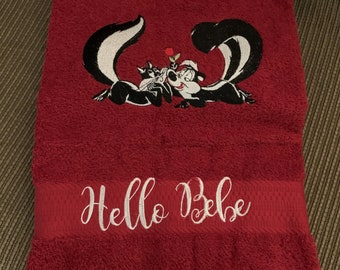 1 Bath Towel Pepe Le Pew & Penelope Inspired Design 1 Red Towel