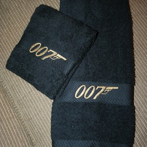 James "Bond" 007 Inspired Black Hand Towel & Washcloth w/gold tone thread