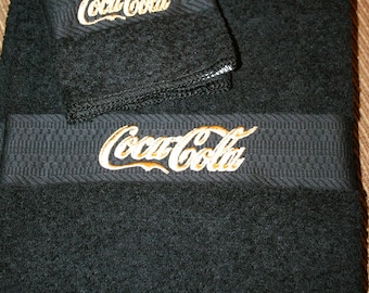 Bath Towel Coca Cola" Inspired 1 bath and washcloth w/goldish thread embroidered design