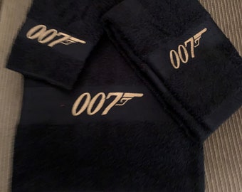 3pc Set Inspired MI 6 Black 3pc Set-1 Bath Towel, 1 Hand Towel & 1 washcloth w goldish tone thread embroidered