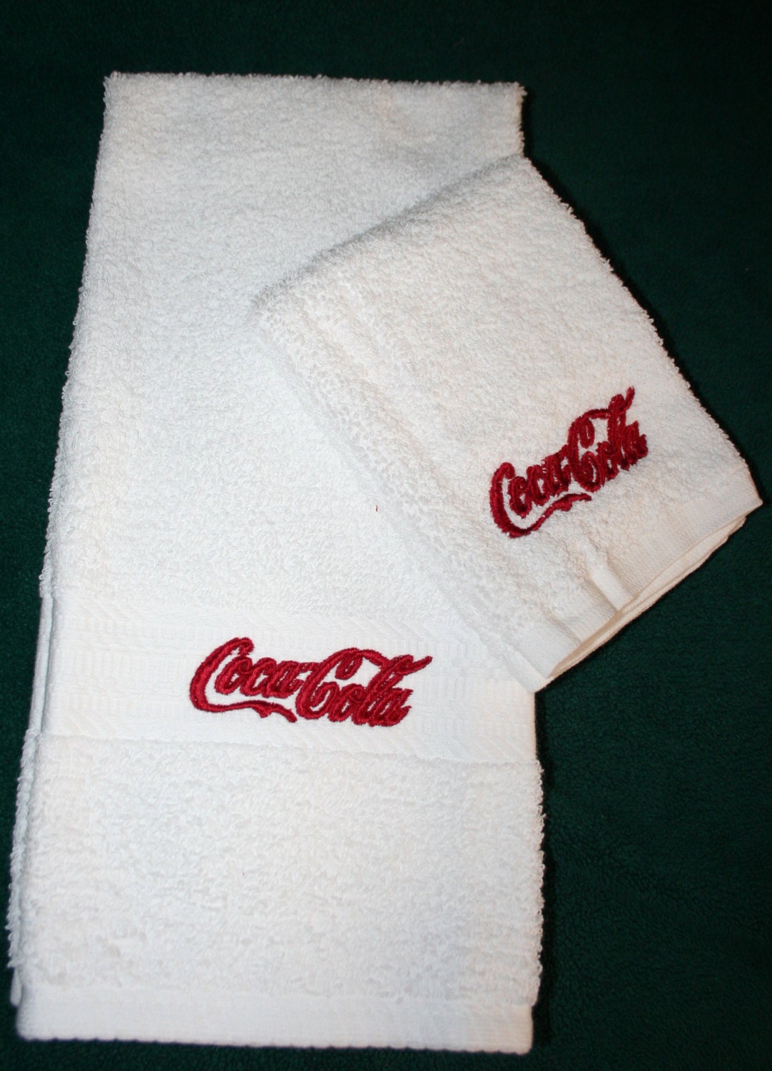 "Coca Cola Inspired Bottle" 1 red Hand towel w/white  & 1 Cloth embroidered