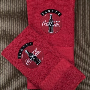 2pc Old Style Coca Cola Inspired Red 1 Hand Towel and 1 Wash Cloth