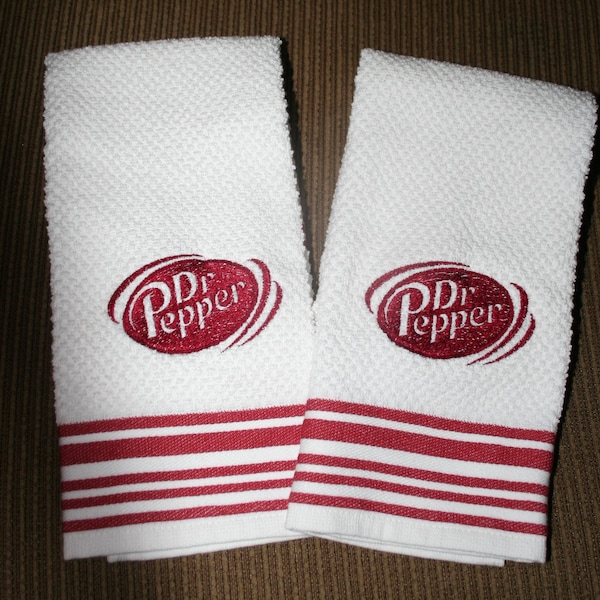 2 Dr Pepper Circle Inspired Logo Design White Kitchen Towels w/dark red logo