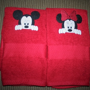 2 Red Hand Towels 1 Mickey & 1 Minnie Inspired Peeking design