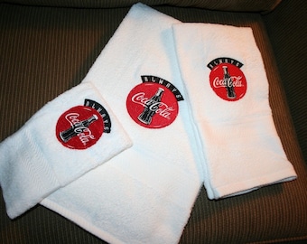 Coca Cola Inspired Cap Design"3pc White Bath Set-1 Bathtowel,1 handtowel,1 washcloth