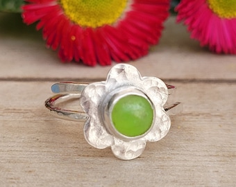 Adjustable Sterling Silver Flower Ring with Prehnite Jade Stone