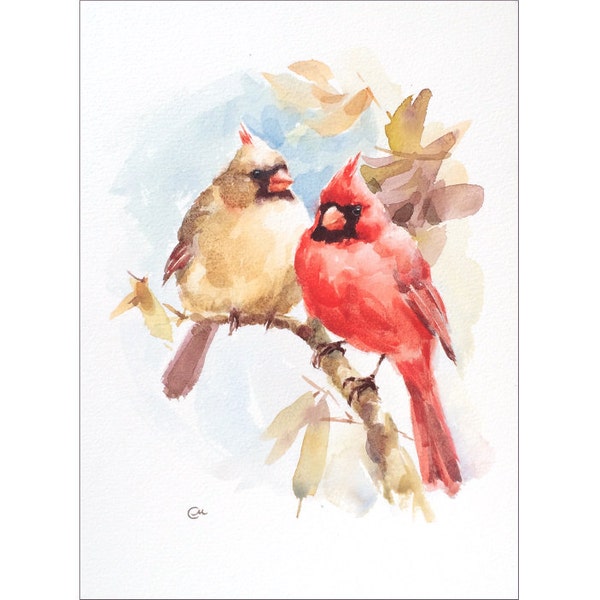 Cardinals - Original Watercolor Bird Painting 9 x 12 inches Love Couple Male Female