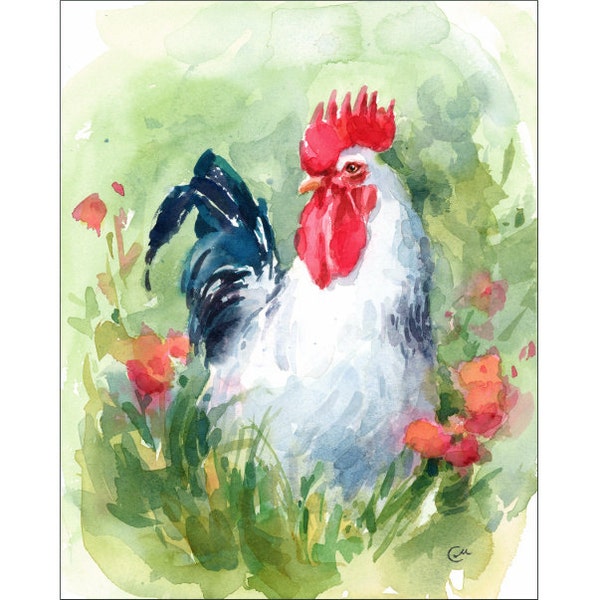 Watercolor Bird White Rooster - Original Painting 8x10 inches