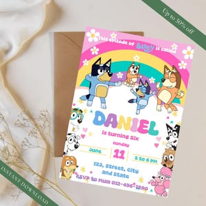 Bluey Birthday Invitation Editable, Pastel Rainbow Bluey Invite for Kids Birthday, Printable Cartoon Dog Party Template for Instant Download