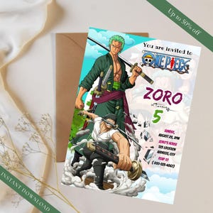 Tarjeta de invitación de cumpleaños de Zoro, invitación a fiesta temática de piratas de anime para niños, descarga digital editable, fiesta de cumpleaños infantil con el personaje de la espada de Zoro