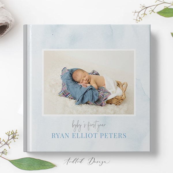 Newborn Boy Photo Album Template, Baby's First Year Photo Book, Baby Milestone Album, Photography, Photoshop Template #Y20-A005-PSD