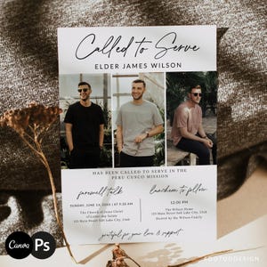 May include: White invitation card with the text "Called to Serve" and photos of a man. The card includes details for a farewell talk and luncheon, with the text "Elder James Wilson" and "Peru Cusco Mission".