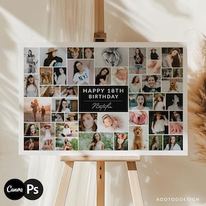 Op de afbeelding: Een ingelijste fotocollage, gepresenteerd op een houten ezel. De collage bevat meerdere foto's van een persoon, met de tekst "HAPPY 18TH BIRTHDAY Natalie" in het midden. Het geheel straalt een verjaardagsfeest uit.