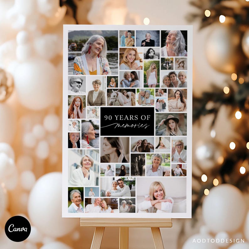 90th Birthday Photo Collage Welcome Sign, Editable Canva Template ...