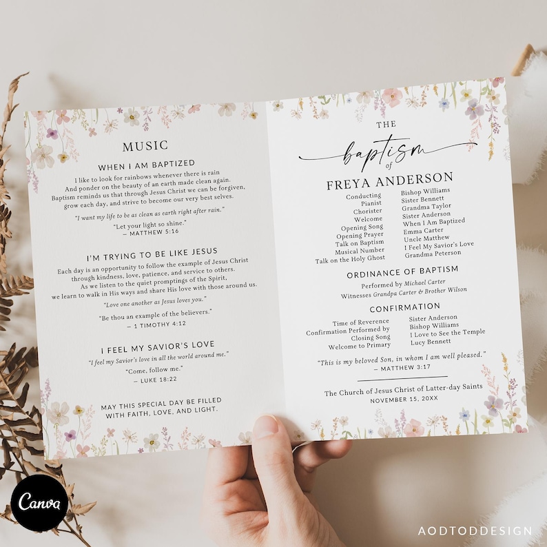 Floral LDS Baptism Program Template: Modern Printable, Foldable Design ...