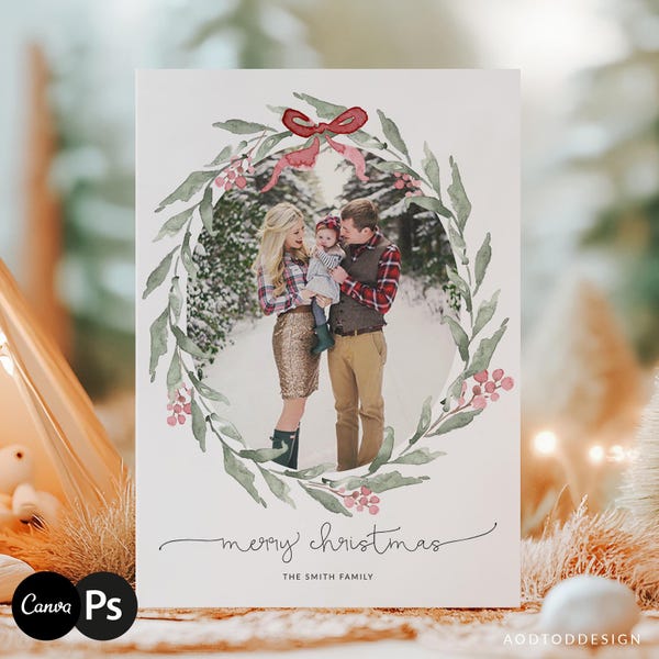 Photo Christmas Card Template, Christmas Breeze, Holiday Christmas Card Template, Christmas Family Card, Photoshop, PSD, Canva #HD1-PSD+