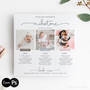 Baby Milestone Sessions Template, Price Guide List for Photographers, Price Guide Template, Baby Milestone Session, PSD, CANVA #NM25-PSD+