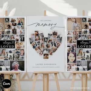 May include: Three framed memorial prints on wooden easels. The center print features a heart-shaped collage of photos with the text "IN LOVING MEMORY." The side prints have photo collages and the text "always LOVED."