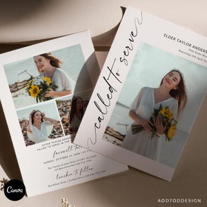 Pode incluir: Dois cartões de anúncio retangulares brancos com o texto "called to serve" e "farewell" e várias fotos de uma pessoa com um vestido branco segurando um buquê de girassóis. Os cartões incluem detalhes impressos sobre um evento religioso.