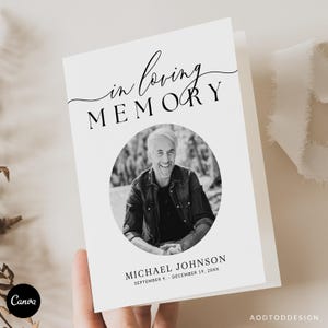 May include: A white memorial card with the words "in loving MEMORY" in black script. A black and white photo of a smiling person is in a circle. The name "MICHAEL JOHNSON" and dates are below the photo.
