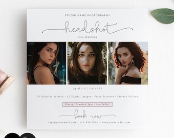 Puede incluir: Un folleto blanco con texto negro que anuncia mini sesiones de retratos por 75 €. El folleto incluye tres fotos de mujeres con diferentes peinados y maquillaje. El texto dice "Studio Name Photography" y "Headshot Mini Sessions". El folleto también incluye las fechas "April 1-5" y el texto "30 Minutes Session - 15 Digital Images - Print Releases - Private Gallery". El folleto también incluye el texto "Hurry! Limited Spots Available!" y "Book Now". El folleto también incluye el texto "info@youremail.com / 123.456.7890 / www.yourstudio.com".