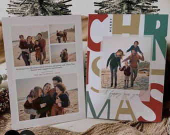 May include: Two rectangular Christmas cards featuring family photographs on a beach. The left card displays multiple photos and the text "Wishing you a Christmas filled with happiness and a New Year blessed with happiness and warmth. THE SMITH FAMILY | 20XX". The right card features a large photo and the bold text "MERRY CHRISTMAS & happy new year".