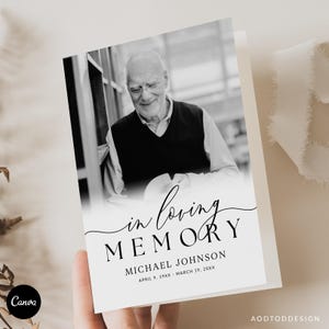 May include: A memorial card featuring a black and white photograph of an older person wearing a vest and collared shirt. The text reads In Loving Memory, Michael Johnson, and the dates April 9, 19XX - March 19, 20XX in black serif font.