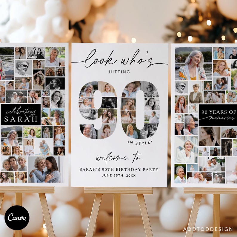 90th Birthday Photo Collage Welcome Sign, Editable Canva Template ...