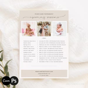 May include: A promotional flyer for a photography studio, featuring three photos of children and families. The flyer lists upcoming mini-sessions for various holidays and events, including Valentine's Day, Easter, and Halloween. Contact information is provided at the bottom.