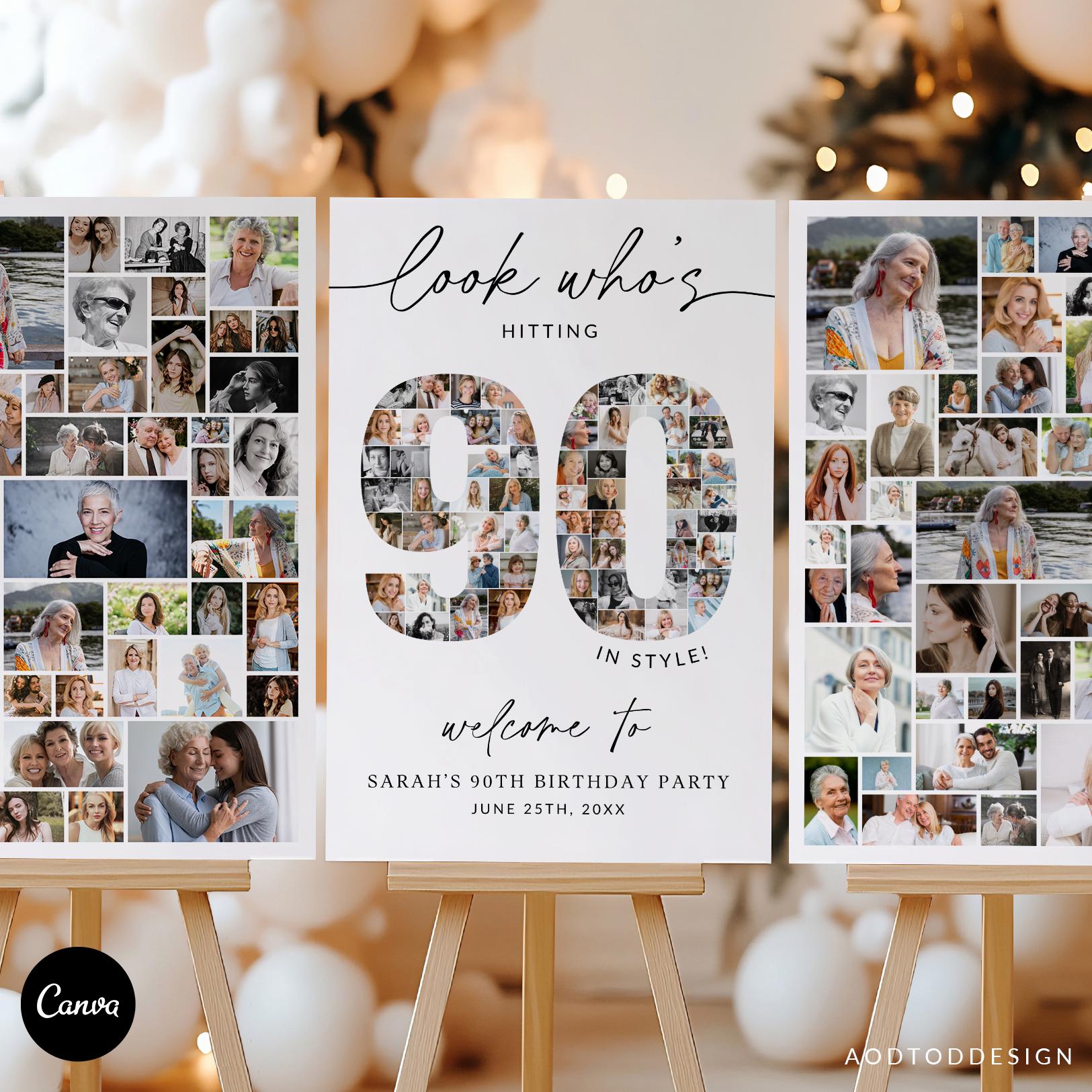 90th Birthday Photo Collage Welcome Sign, Editable Canva Template ...