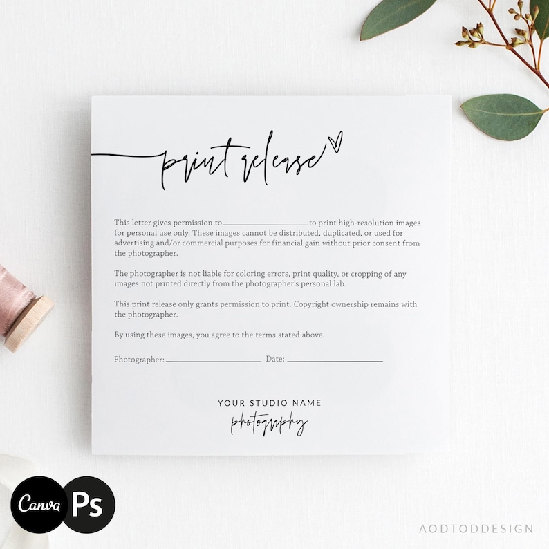 Photography Print Release Form Template, Editable PSD and Canva ...