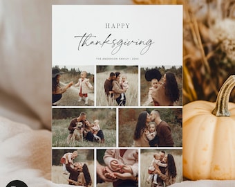 May include: A rectangular Thanksgiving greeting card featuring the text HAPPY Thanksgiving and THE ANDERSON FAMILY | 20XX. The card displays a collage of seven outdoor family photographs showing adults, children, and a dog in a grassy field.