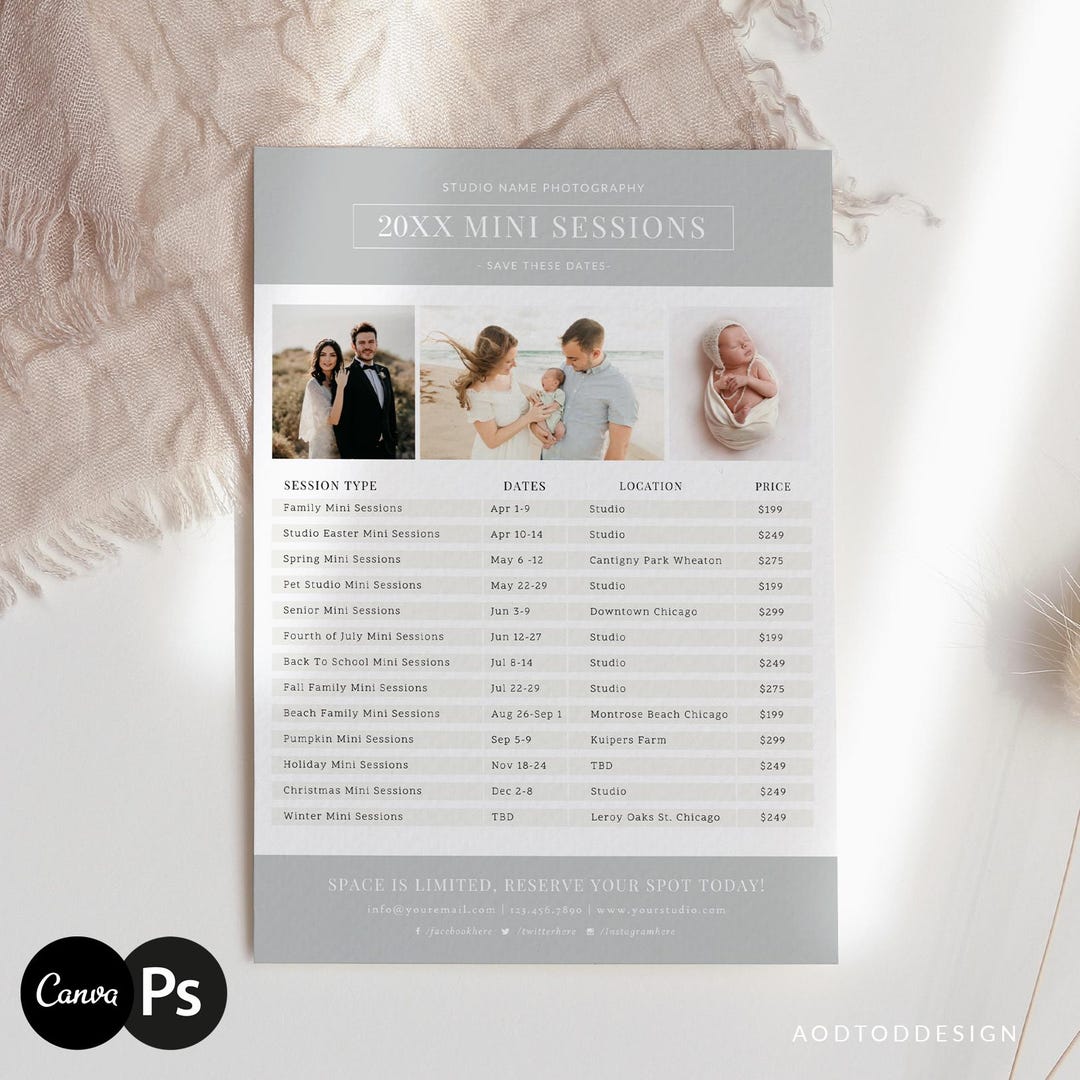 Mini Session Sheet Template for Photographers, Mini Session Schedule ...