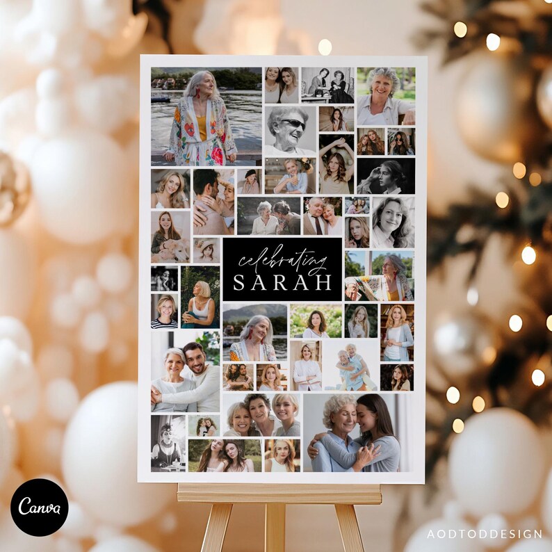 90th Birthday Photo Collage Welcome Sign, Editable Canva Template ...
