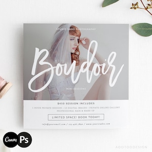 May include: A promotional card for a boudoir photography studio. The card features a woman in lingerie and a veil, with the word "Boudoir" in large script. Text includes "Mini Sessions" and "Limited Space! Book Today!"